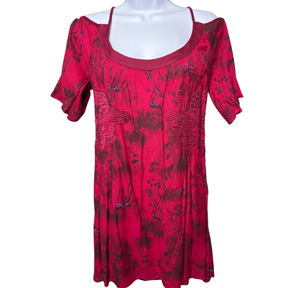 FREE PEOPLE Womens Red Floral Cold Shoulder Mini Dress 6 Lace Smocked Boho-Chic